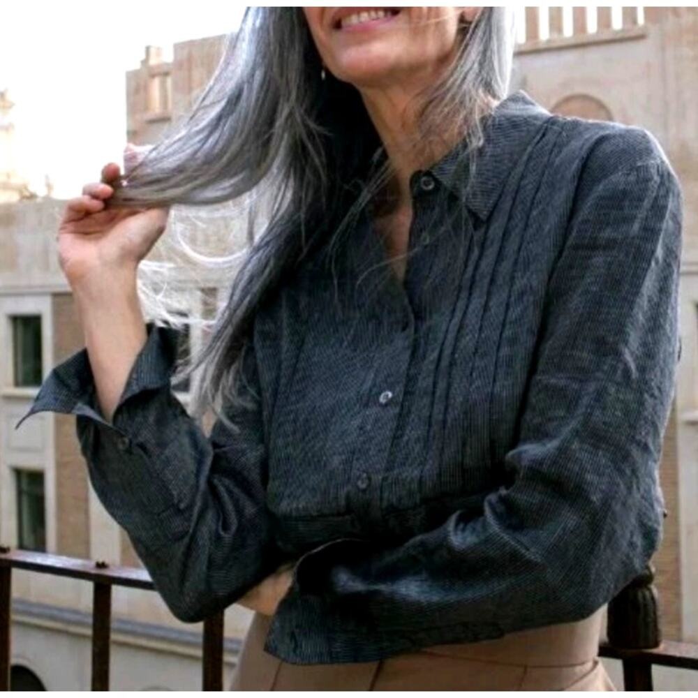 HARSHMAN Drea Stripe Silk Linen Button-Up Tunic Blouse Small Luxury NWT $228 - Picture 6 of 10